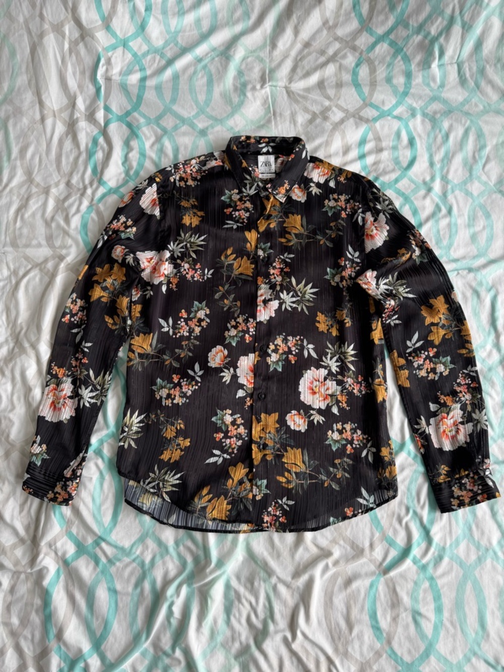 Zara Black Floral Button-Up Shirt with Mustard & White Accents